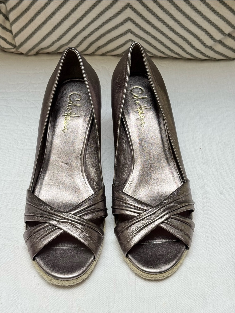 Cole Haan Metallic Pewter Peep-Toe Wedge Sandals